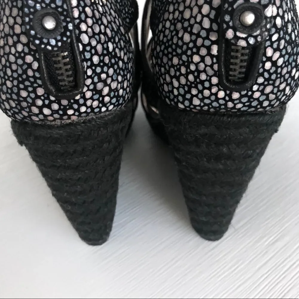 Cynthia Vincent Wedge Sandal In Black & Metallic Speckle Rope Heel